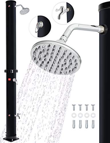 tillvex Ducha de Jardín 35 litros | Ducha Solar con Agua Caliente | Para Piscina, Camping | Sin Conexión Eléctrica | Cabezal de Ducha de Lluvia y Grifo | Conexión de Manguera de Jardín (Negro)