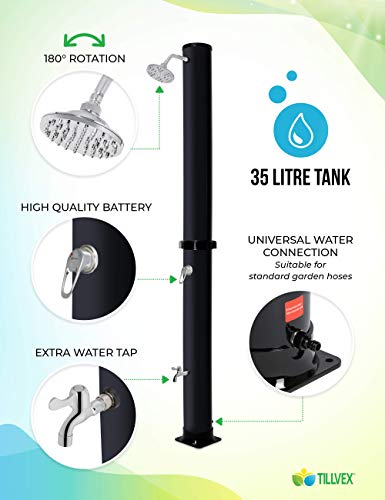 tillvex Ducha de Jardín 35 litros | Ducha Solar con Agua Caliente | Para Piscina, Camping | Sin Conexión Eléctrica | Cabezal de Ducha de Lluvia y Grifo | Conexión de Manguera de Jardín (Negro)