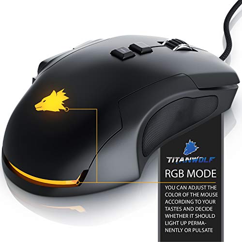 Titanwolf - System Ratón para juegos con una frecuencia de muestreo de 10000 dpi - 6 ajustes DPI - Botones de pulgar intercambiables - Modo de luz RGB - Plug y Play