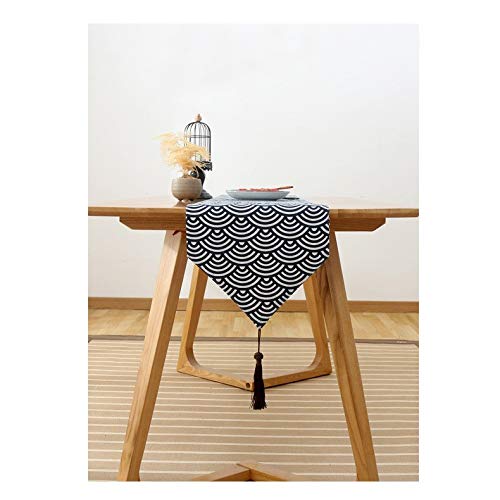 TITST Japón Estilo algodón y Lino ukiyoe patrón de Tejido Camino de Mesa Ondulado Bandera Bandera Mesa de té Zapatero Cubierta con borlas 32x200cm(Suitable 1.4-1.5m Table)-B