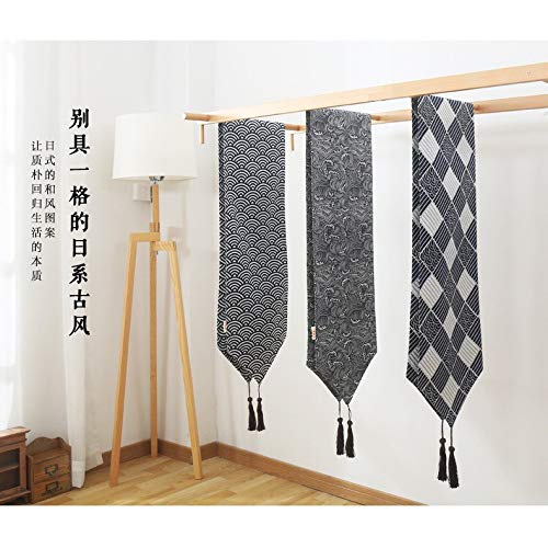 TITST Japón Estilo algodón y Lino ukiyoe patrón de Tejido Camino de Mesa Ondulado Bandera Bandera Mesa de té Zapatero Cubierta con borlas 32x200cm(Suitable 1.4-1.5m Table)-B