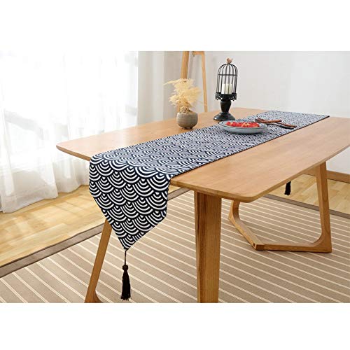 TITST Japón Estilo algodón y Lino ukiyoe patrón de Tejido Camino de Mesa Ondulado Bandera Bandera Mesa de té Zapatero Cubierta con borlas 32x200cm(Suitable 1.4-1.5m Table)-B