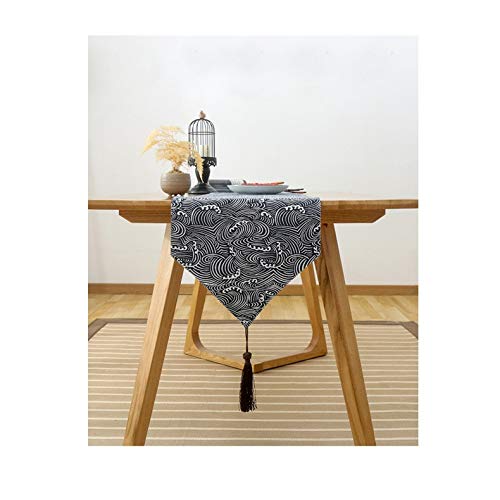 TITST Japón Estilo algodón y Lino ukiyoe patrón de Tejido Camino de Mesa Ondulado Bandera Bandera Mesa de té Zapatero Cubierta con borlas 32x200cm(Suitable 1.4-1.5m Table)-C