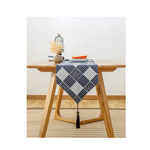 TITST Japón Estilo algodón y Lino ukiyoe patrón de Tejido Camino de Mesa Ondulado Bandera Bandera Mesa de té Zapatero Cubierta con borlas 32x200cm(Suitable 1.4-1.5m Table)-A