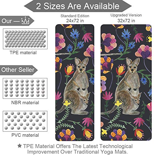 TIZORAX Acuarela Canguro Flor Antideslizante Espesor TPE Estera de Yoga Estera de Ejercicio para Yoga Pilates Gimnasio Inicio Mujeres Hombres