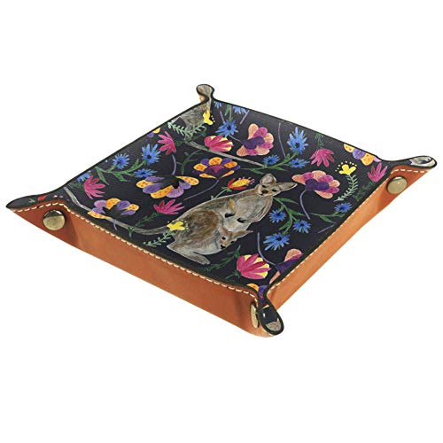 TIZORAX Acuarela Flor de Canguro Caja de Almacenamiento de Cuero Bandeja de Valet Organizador de Joyas para Llave de Moneda