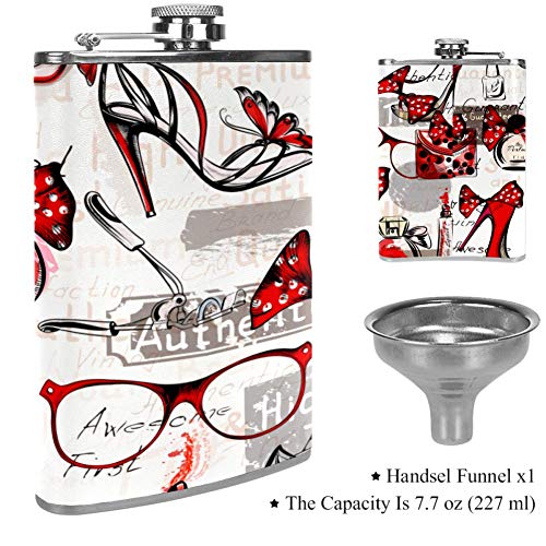 TIZORAX Perfume de tacón rojo y gafas Frascos de cadera de acero inoxidable Taza de vino de bolsillo con tapa de cuero para mujeres, 227 ml