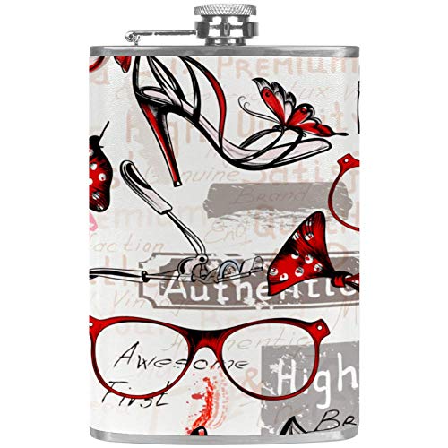 TIZORAX Perfume de tacón rojo y gafas Frascos de cadera de acero inoxidable Taza de vino de bolsillo con tapa de cuero para mujeres, 227 ml