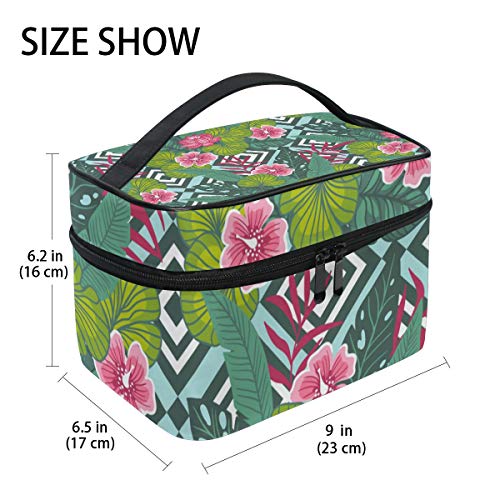 TIZORAX Tropic Hibiscus Flower con hojas de palma grande bolsa de cosméticos de viaje organizador de maquillaje para mujeres niñas
