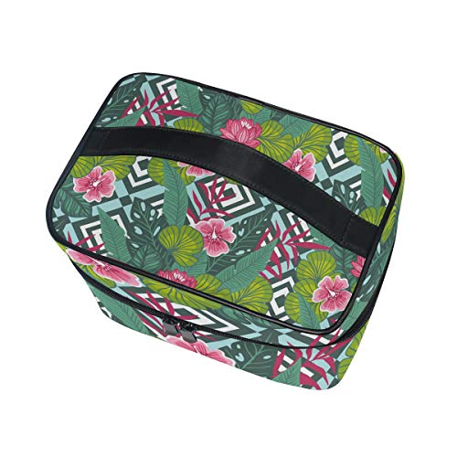 TIZORAX Tropic Hibiscus Flower con hojas de palma grande bolsa de cosméticos de viaje organizador de maquillaje para mujeres niñas