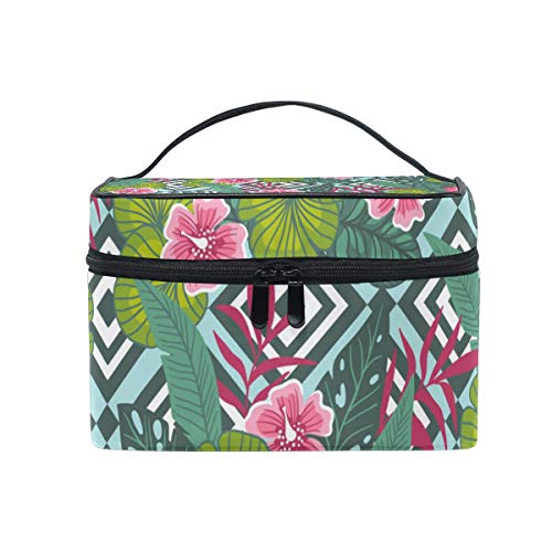 TIZORAX Tropic Hibiscus Flower con hojas de palma grande bolsa de cosméticos de viaje organizador de maquillaje para mujeres niñas