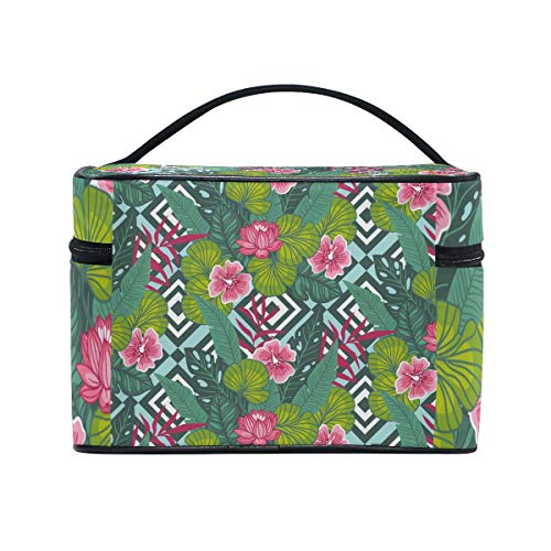 TIZORAX Tropic Hibiscus Flower con hojas de palma grande bolsa de cosméticos de viaje organizador de maquillaje para mujeres niñas
