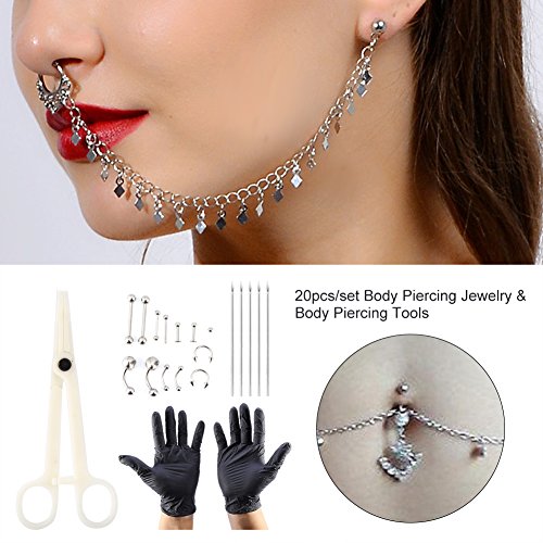 TMISHION 20 pcs/Set Body Piercing Kit Profesional Agujas de perforación de Acero Inoxidable Anillos Piercing y Guantes para Nariz, Labio, pezón, uñas, con Anillo