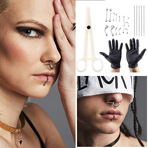 TMISHION 20 pcs/Set Body Piercing Kit Profesional Agujas de perforación de Acero Inoxidable Anillos Piercing y Guantes para Nariz, Labio, pezón, uñas, con Anillo