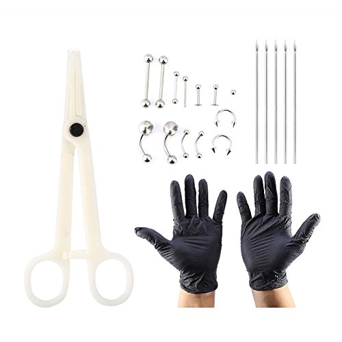 TMISHION 20 pcs/Set Body Piercing Kit Profesional Agujas de perforación de Acero Inoxidable Anillos Piercing y Guantes para Nariz, Labio, pezón, uñas, con Anillo