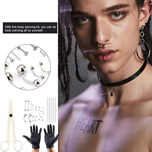 TMISHION 20 pcs/Set Body Piercing Kit Profesional Agujas de perforación de Acero Inoxidable Anillos Piercing y Guantes para Nariz, Labio, pezón, uñas, con Anillo