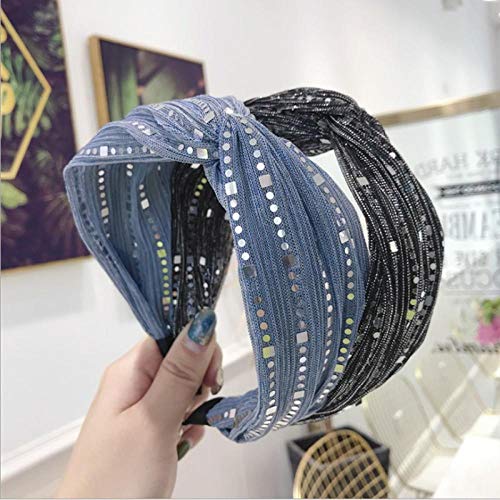 Tony plate Accesorios para el Cabello de Alta Gama Lentejuelas Plisadas de Las Mujeres Diadema Cruzada Media Cruzada Diadema Diadema Moda Chica Salvaje Banda para el Cabello Diadema-Azul Claro