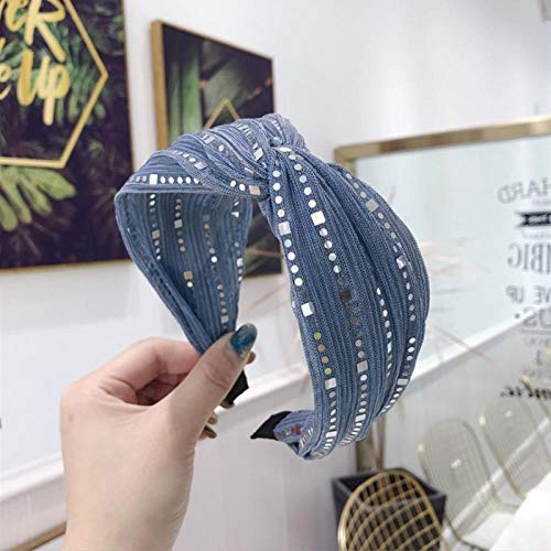 Tony plate Accesorios para el Cabello de Alta Gama Lentejuelas Plisadas de Las Mujeres Diadema Cruzada Media Cruzada Diadema Diadema Moda Chica Salvaje Banda para el Cabello Diadema-Azul Claro
