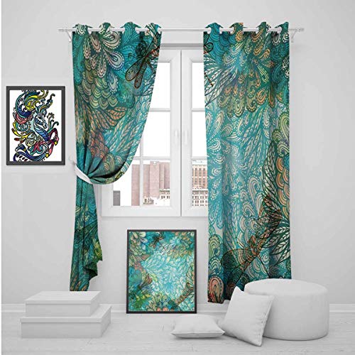 Toopeek - Cortina aislante con diseño de libélula, diseño de flores de fantasía mezcladas en varios tonos Shabby Chic para salón o dormitorio, color ámbar turquesa