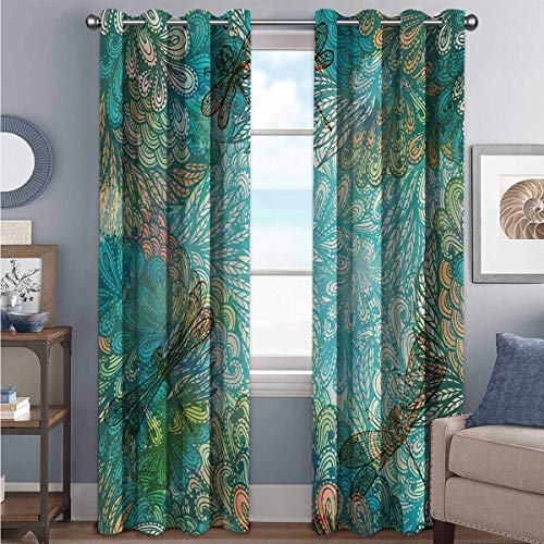 Toopeek - Cortina aislante con diseño de libélula, diseño de flores de fantasía mezcladas en varios tonos Shabby Chic para salón o dormitorio, color ámbar turquesa