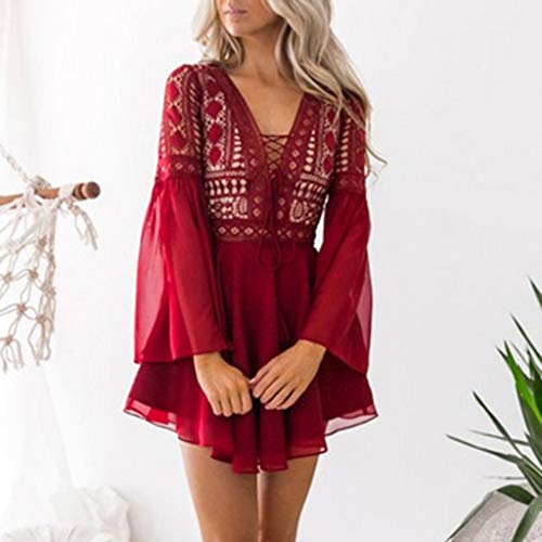 TOPKEAL Vestido de Manga Larga de Encaje Sexy de Cóctel para Mujer Vestido con Volantes de Verano Jovenes