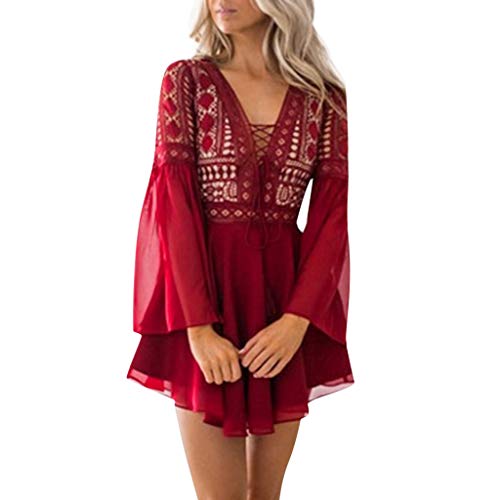 TOPKEAL Vestido de Manga Larga de Encaje Sexy de Cóctel para Mujer Vestido con Volantes de Verano Jovenes