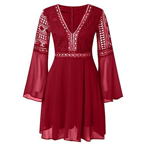 TOPKEAL Vestido de Manga Larga de Encaje Sexy de Cóctel para Mujer Vestido con Volantes de Verano Jovenes