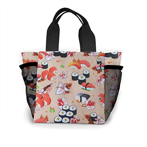 Tote Lunch Bag, Delicious Sushi Print Big Cooler Bag Container Thermal Cooler Pack Picnic Bag for Women & Men Travel Office Be