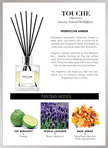 TOUCHE ORIGINALE Difusor de Caña Aceite Esencial Natural. Fragancia Perfumada de Larga Duración 90 días. Aromaterapia. Botella Vidrio, 10 Varillas. Sin Alcohol (Ambar Marroqui, Transparente)