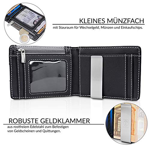 TRAVANDO Cartera con Pinza para Billetes London Bloqueo RFID - Seguridad - Tarjetero Hombre Slim - Billetero - Cartera pequeña de Viaje - Protege Tarjetas de crédito (Negro y Blanco)