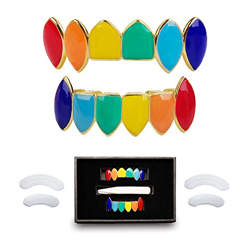 TSANLY 6ix9ine Grillz Rebajas Baño de Oro Tipo Arcoiris Tekashi69 HIPO Hop Rapper para Los Dientes + Caja Clásico + Paño de Microfibra