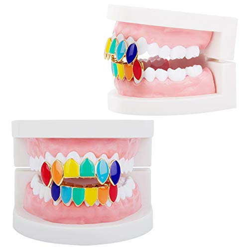 TSANLY 6ix9ine Grillz Rebajas Baño de Oro Tipo Arcoiris Tekashi69 HIPO Hop Rapper para Los Dientes + Caja Clásico + Paño de Microfibra