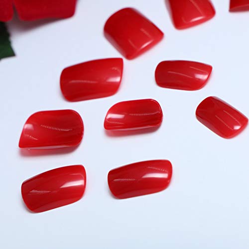 TseenYi Uñas Postizas Rojo Cereza Color Sólido Cuadrado Cubierta Completa Uñas Postizas para Mujeres y Niñas （24 piezas）