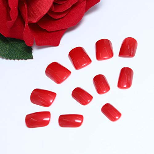 TseenYi Uñas Postizas Rojo Cereza Color Sólido Cuadrado Cubierta Completa Uñas Postizas para Mujeres y Niñas （24 piezas）