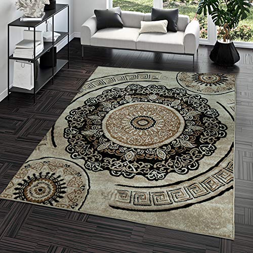 TT Home Alfombra Pelo Corto Económica Fácil Limpiar Diseño Meandro Oriental Beige Marrón, Größe:160x220 cm