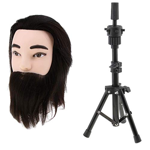 Tubayia - Cabeza de maniquí masculino con cabello y barba, cabezal de entrenamiento con trípode, 100% pelo real