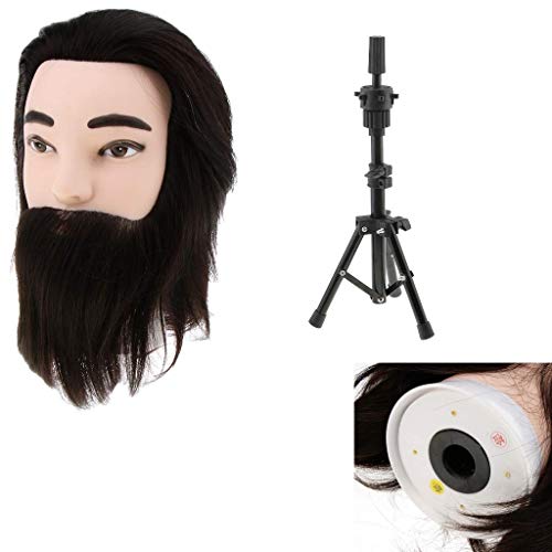 Tubayia - Cabeza de maniquí masculino con cabello y barba, cabezal de entrenamiento con trípode, 100% pelo real
