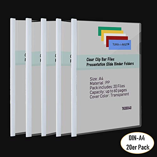 TUKA-i-AKUT 20pz PP Carpeta de Barra Deslizante, A4 Transparentes Carpeta de Sujeción, Carpetas Estilo Dossier de Documentos, 20 Unidades, Barra Deslizante Blanco, TKD8040-white-20x
