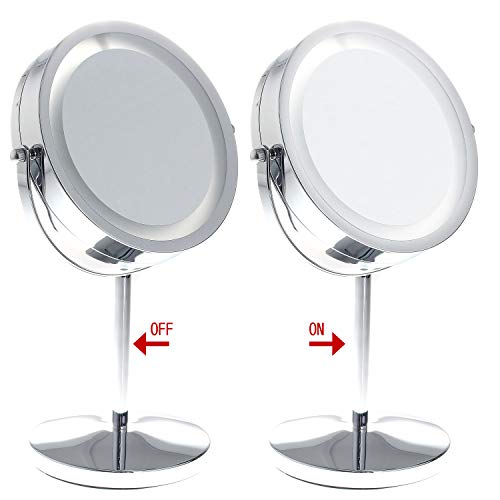 TUKA LED Espejos Maquillaje, 10x aumentos, afeitarse Espejos para baño de Mesa, Doble Cara Espejos Escritorio Espejo de Luz con Energía de la Batería, TKD3145-10x