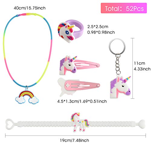 TUPARKA 52Pcs Unicorn Party Bags Fillers, Unicorn Keychains, Anillos, Pulseras, Collar, Pinzas para el Cabello para Niñas Niños Unicornio Artículos para Fiestas de cumpleaños