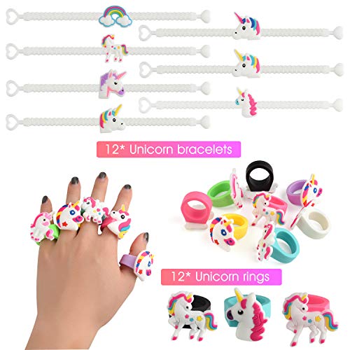 TUPARKA 52Pcs Unicorn Party Bags Fillers, Unicorn Keychains, Anillos, Pulseras, Collar, Pinzas para el Cabello para Niñas Niños Unicornio Artículos para Fiestas de cumpleaños