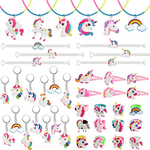 TUPARKA 52Pcs Unicorn Party Bags Fillers, Unicorn Keychains, Anillos, Pulseras, Collar, Pinzas para el Cabello para Niñas Niños Unicornio Artículos para Fiestas de cumpleaños
