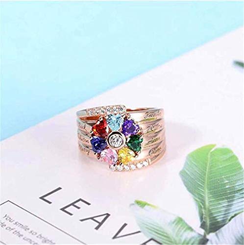 TWinkle Anillo Familiar Personalizado con 7 Nombre y corazón Birthstone Regalo del día de la Madre para mamá Abuela(Oro rosa-14.5)