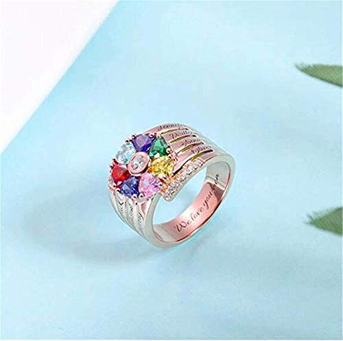 TWinkle Anillo Familiar Personalizado con 7 Nombre y corazón Birthstone Regalo del día de la Madre para mamá Abuela(Oro rosa-14.5)