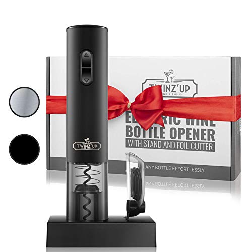 Twinz'up - Sacacorchos Eléctrico Inalámbrico - Estuche Premium con Cortador de Cápsulas y Base de Recarga - Profesional Automatico Abrelatas de Vino - El Regalo Ideal - Abridor Botellas - Negro