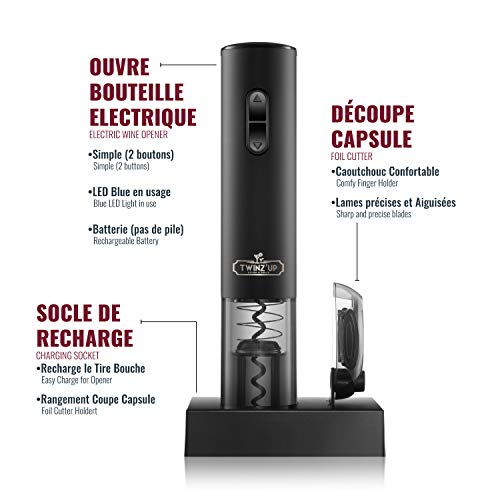 Twinz'up - Sacacorchos Eléctrico Inalámbrico - Estuche Premium con Cortador de Cápsulas y Base de Recarga - Profesional Automatico Abrelatas de Vino - El Regalo Ideal - Abridor Botellas - Negro