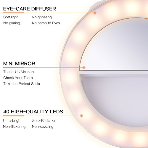 TYCKA Luz del Anillo 40 LED Ideal para Selfie, Dimmable luz cálida y Blanco frío, Enganche Tipo Clip y diseño Recargable,Ultra-Brillante, para la fotografía teléfonos Inteligentes(de Carga USB)