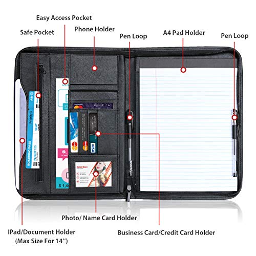 Tyson Carpeta Organizadora Personal de Viaje con Cierre de Cremallera con Panel de Escritura Bolsillos y Titulares de Tarjetas para el Documento de Curriculum Vitae y Cuaderno (Negro)