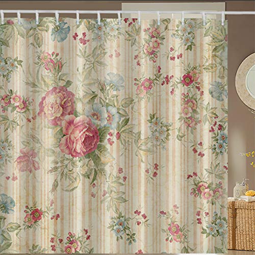 ufengke Cortinas de Ducha Flores de Peonía con 12 Ganchos Raya Retro Cortina de Ducha de Tejido Prueba de Moho Impermeable al Baño 180x180cm