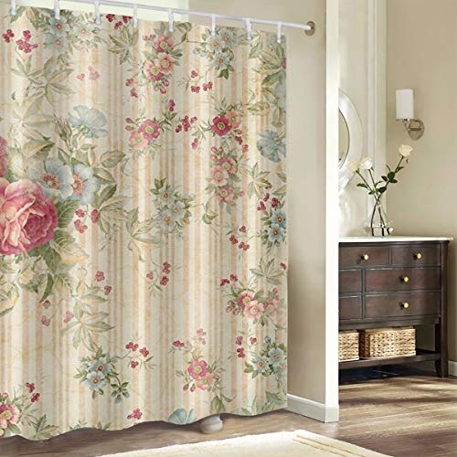 ufengke Cortinas de Ducha Flores de Peonía con 12 Ganchos Raya Retro Cortina de Ducha de Tejido Prueba de Moho Impermeable al Baño 180x180cm